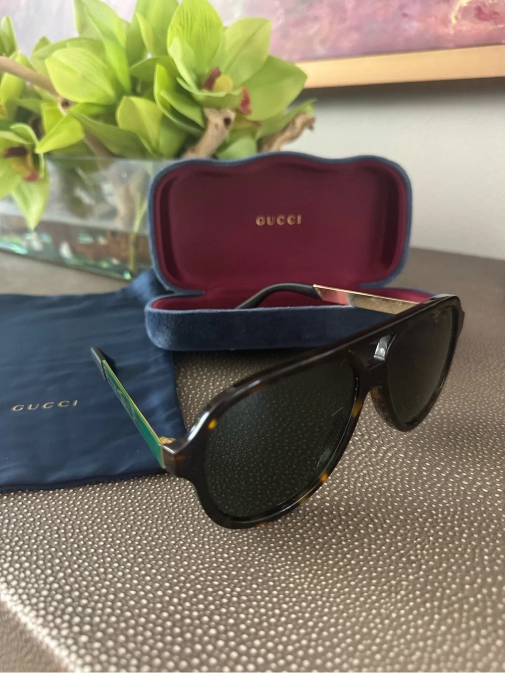Gucci Tortoiseshell Frame Sunglasses with Green Temples